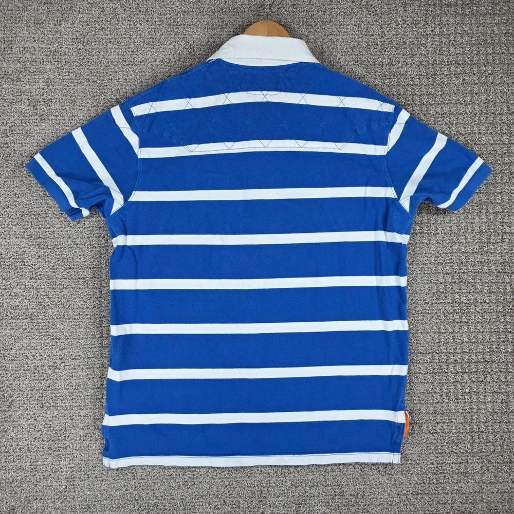 Polo Ralph Lauren Mens XL Blue White Striped Quilted Shoulder Rugby Polo Shirt